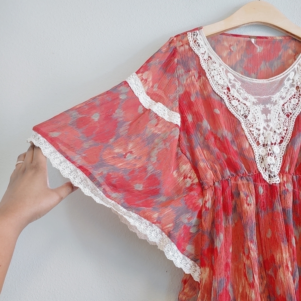 Free People Daydreamer Batwing Sleeve Lace Blouse Sz M Gypsy Boho Peasant - Picture 4 of 10